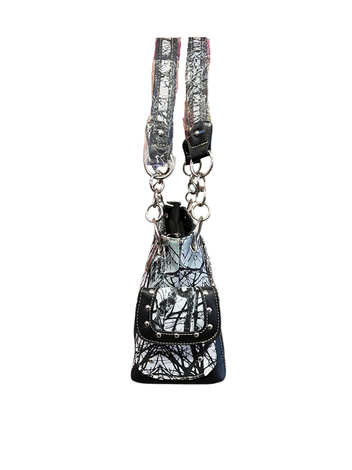 Y2K McBling Cross Angel Wings Camouflage Handbag – White Grey Black